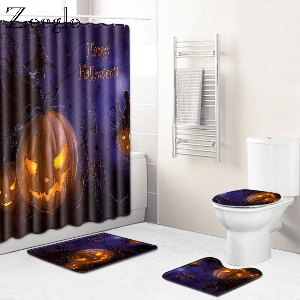 Zeegle Anti-slip Shower Mat Set Waterproof Shower Curtain with Hooks Lid Toilet Cover Bathroom U Type Mat Bathroom Soft Doormat