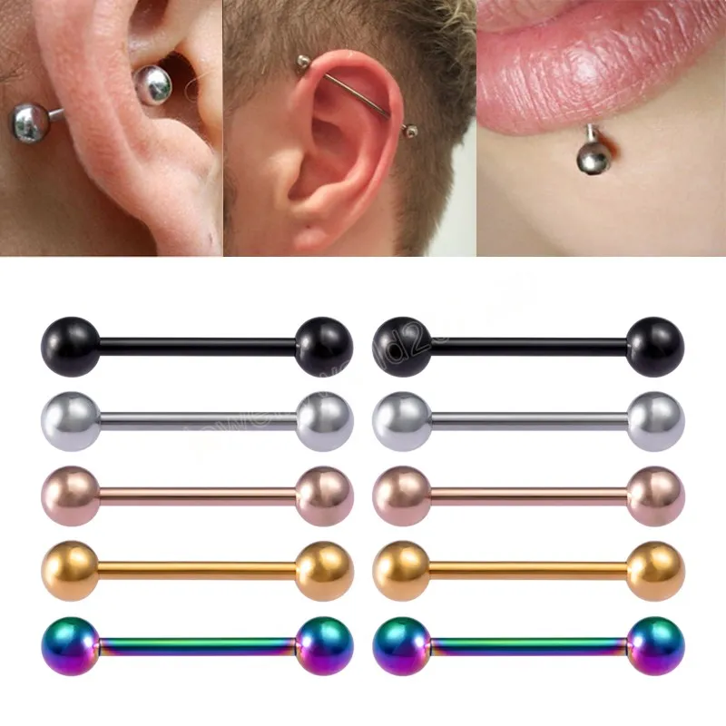 Paslanmaz Çelik Endüstriyel Halter Uzun Kulak Damızlık Dil Piercing Meme Yüzük Bar Tragus Kartilaj Helix Kadın Vücut Takı