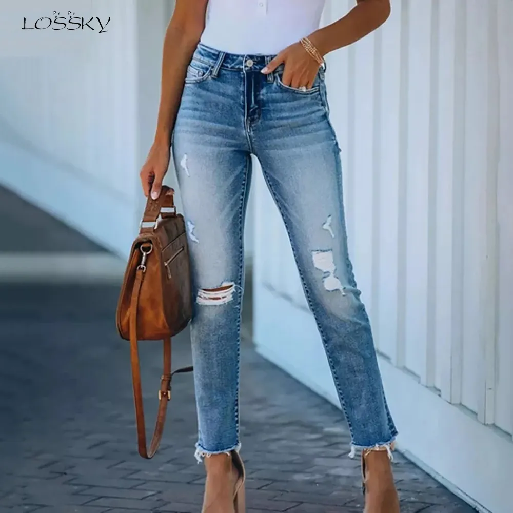 Pantalones Vaqueros Rasgados Desgastados De Mezclilla Azul