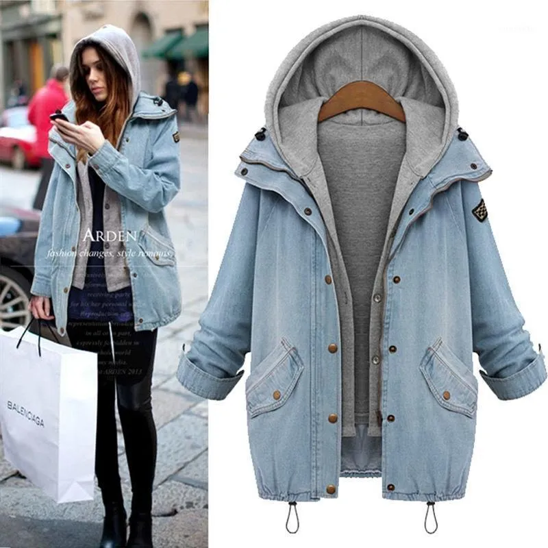 Women's Jackets Plus Size Women Basic Denim Arrival Autumn Fashion Hooded Loose Casual Outerwear Coats Two Piece Set1