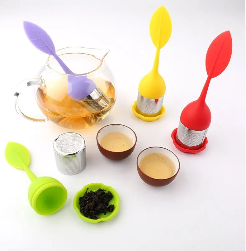 Creative Tekanna Silikon Tesked Infuser med livsmedelsklassade blad Form Rostfritt stål Infusers Sil Filter Bladlock Diffus