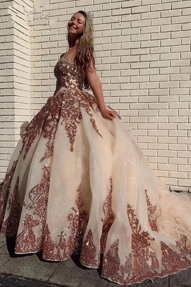 Rose Gold Sweetheart Quinceanera Dresses Lace Appliqued Sequined Ball Gown Prom Dress Sweet 16 Vestidos 15 Anos Rose Gold Sweetheart Quinceanera Dresses Lace Appliqued Sequined Ball Gown Prom Dress Sweet 16 Vestidos 15 Anos