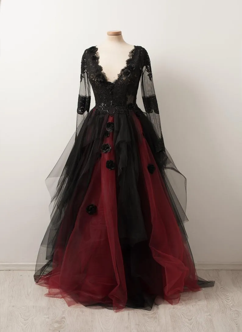 Vestidos de casamento góticos preto e borgonha, linha a, mangas compridas, decote em v, transparente, não branco, vintage, custom168p