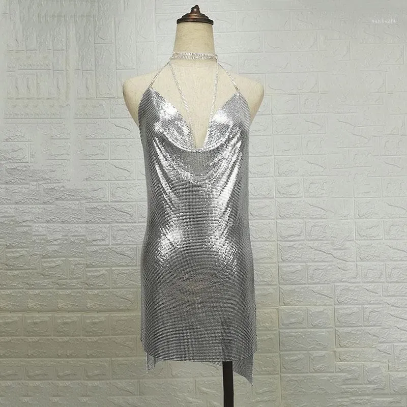 Повседневные платья 2021, металлическое платье с лямкой на шее для ночного клуба, летнее платье с глубоким v-образным вырезом, женское пляжное мини-платье с па...