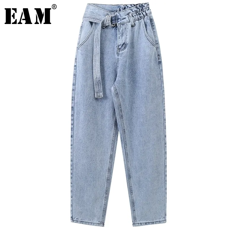 [Eam] Larga Light Light Bandagem Azul Longa Jeans Lazer Novo Cintura alta Solta Mulheres Calças Moda Maré Primavera Outono 1x232 2010