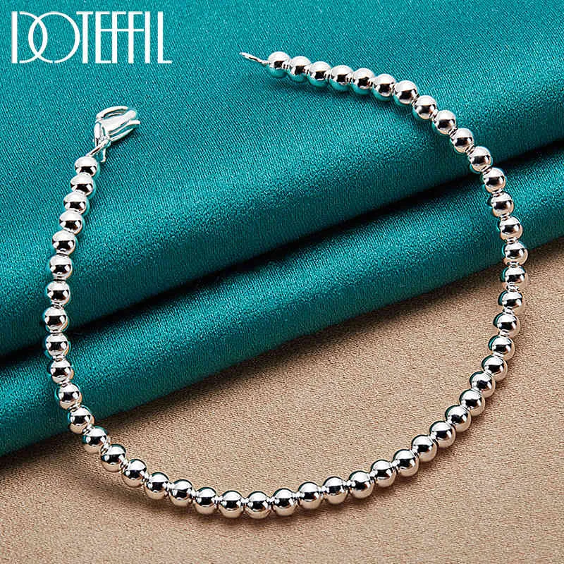 Doteffil 925 Sterling Silber 4 mm glatte Perlen Kugelkettenarmband für Damen, modisch, Hochzeit, Verlobung, Party, Charm-Schmuck