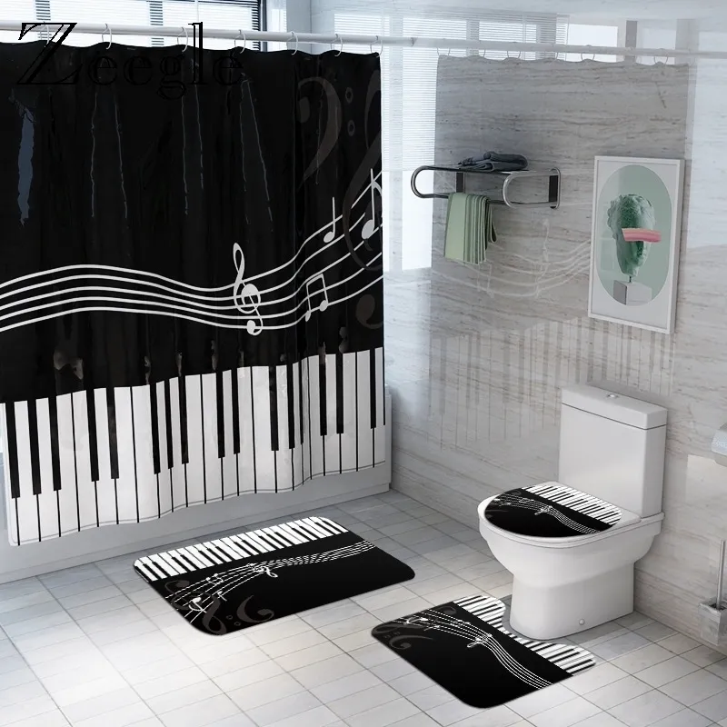 Black and White Piano Bath Carpet Shower Curtain Nordic Style Bathroom Foot Pad Home Decoration Bath Curtain Shower Floor Mat