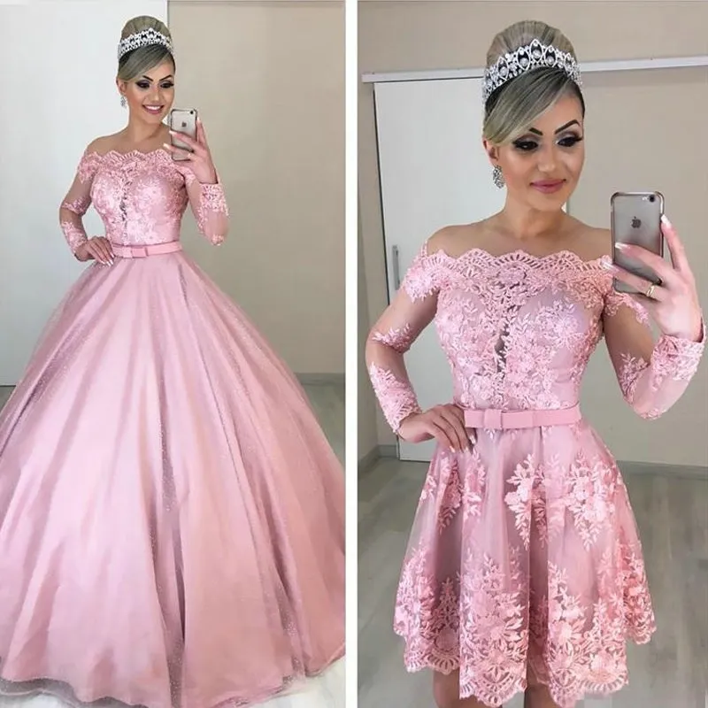 Hot Sale Quinceanera Dresses Sweet 16 Blush Pink Puffy Prom Dresses with Detachable Skirts Illusion Lace Long Sleeves Formal