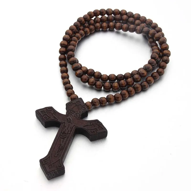 Collana In Legno Con Croce | Perline Naturali | Gioiello Religioso Unisex | 30,5 Cm - 3