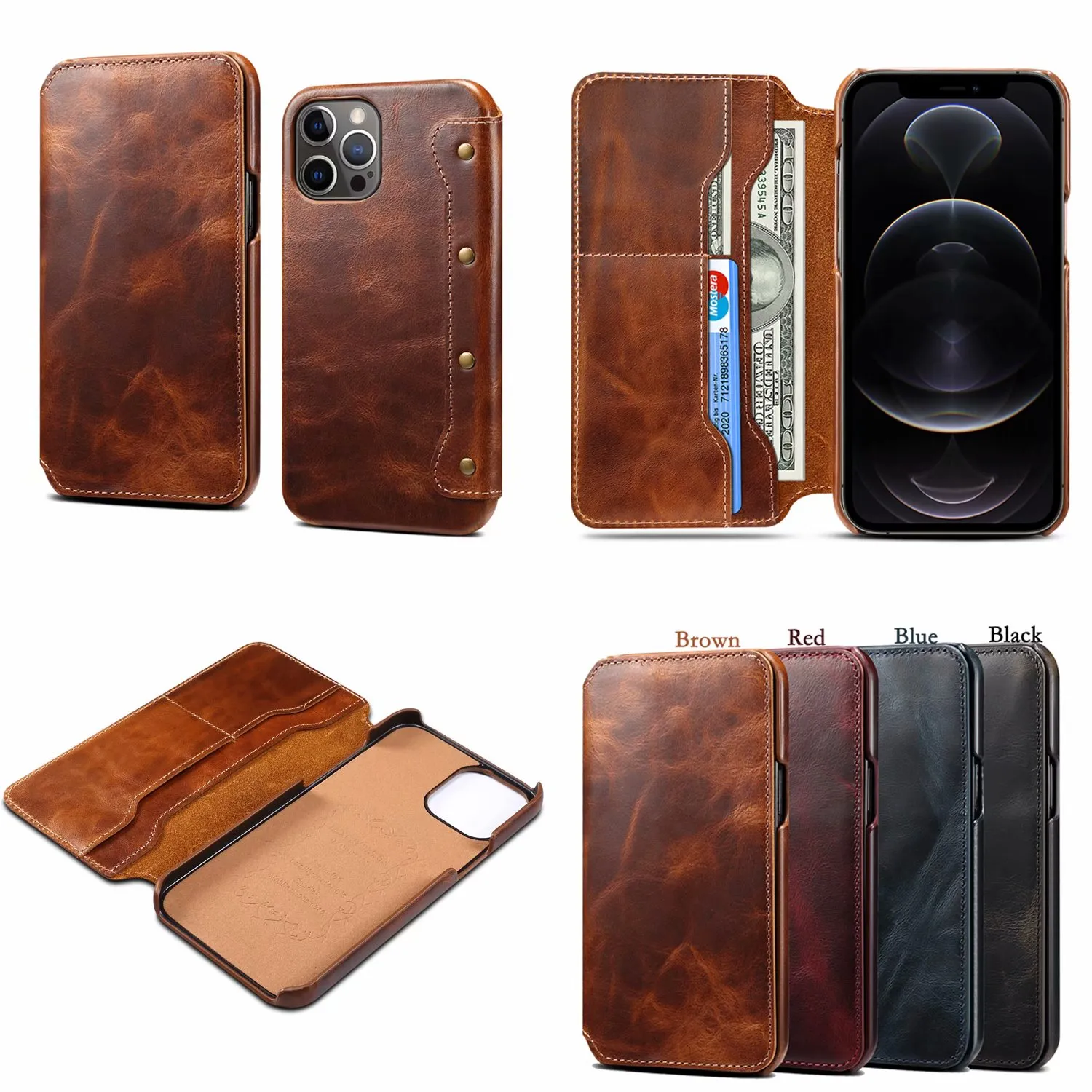 Business Retro Flip Leather Wallet Cell Phone Cases for Iphone 6 7 8plus X Xr 11 12 13 Pro Max Samsung S20 Note 20