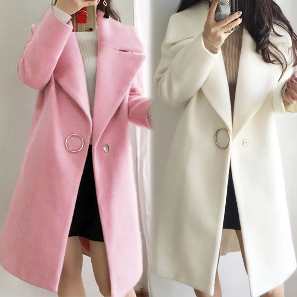 Белый рюшанный теплый зимнее пальто женщины отложат длинное пальто воротник пальто пальто женская повседневная осень розовая верхняя одежда плюс размер # lj201109