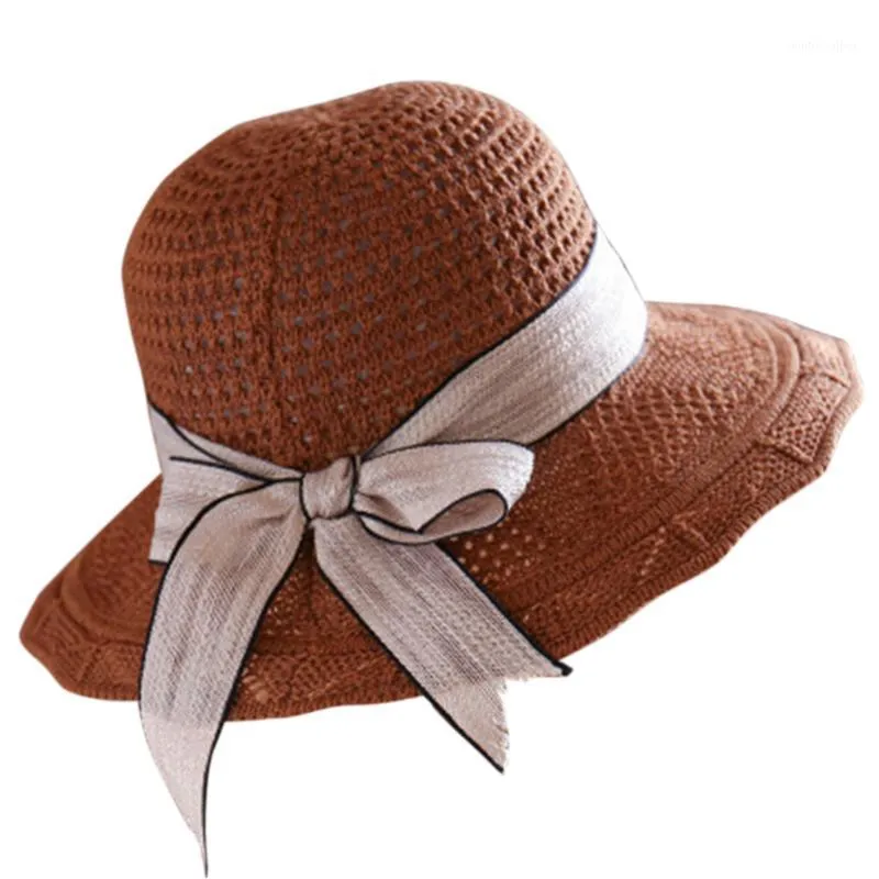 Floppy Women Beach Casual Caps Stripe Outdoor Summer Sun Visor Straw Hat Fashion Ribbon Foldable Wide Brim1