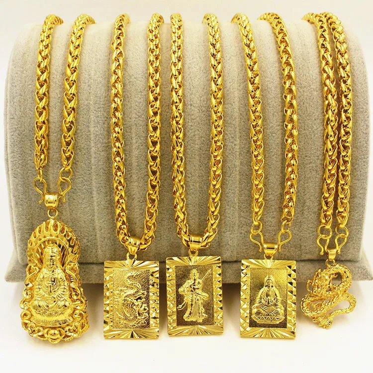 Exaggerated Long Chains 24K Gold Wide Necklace for Men Jewelry Big Gold Necklace Buddha Chinese Dragon Totem Necklace for Men Y1220