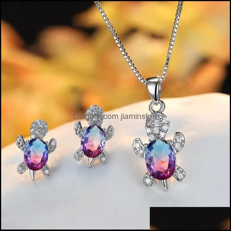 Blue Purple Oval Zircon Turtle Stud Earrings and Chain Necklaces For Women Wedding Jewelry Sets Rainbow Crystal Stone Bridal Se