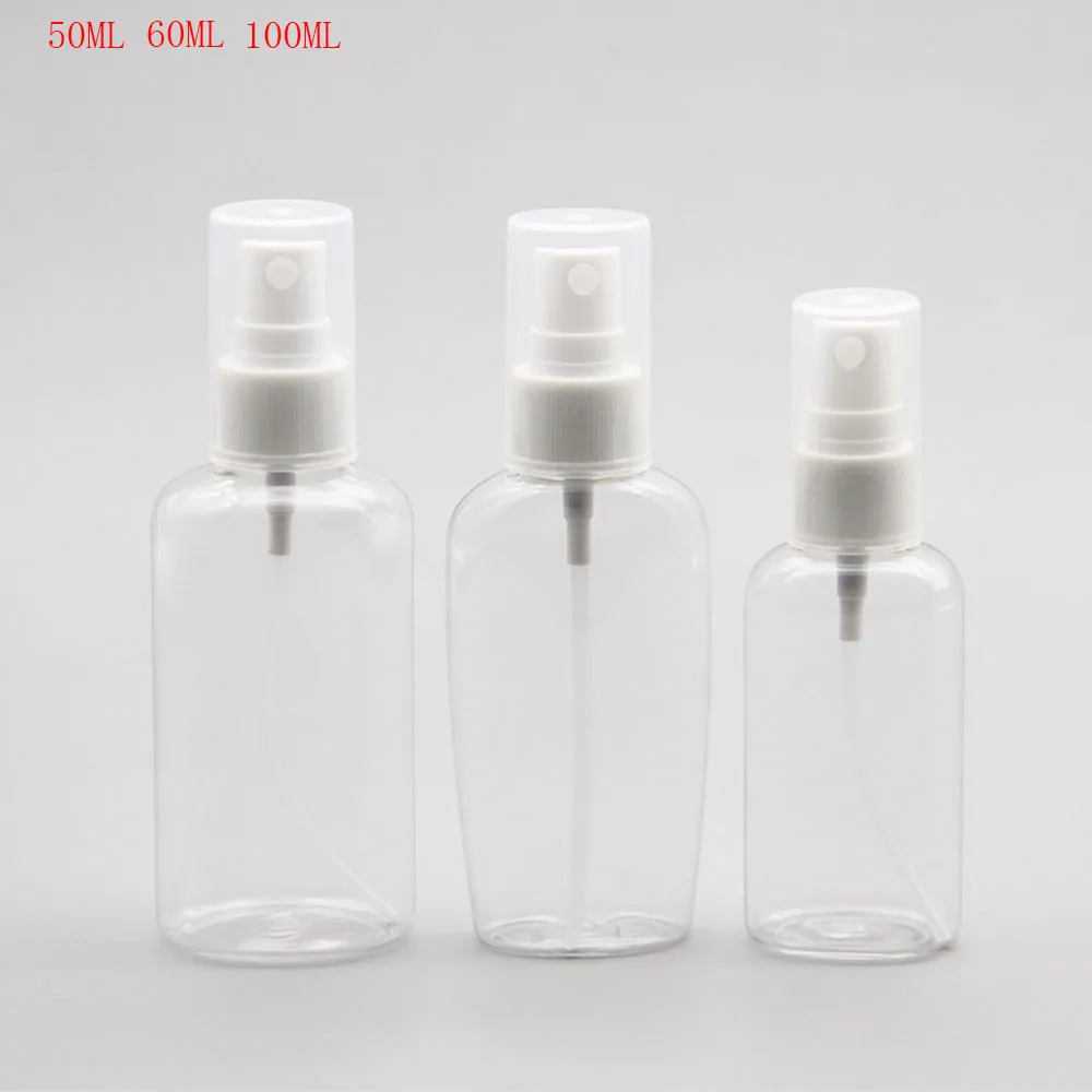 50 stks gratis verzending 50 ml 60 ml 100 ml clear transparante spray platte flessen witte sproeier parfum parfume cosmetische containers
