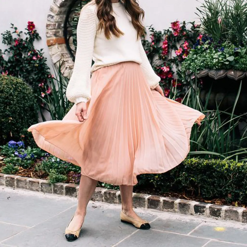 Plus Size Pink Chiffon Pleated Midi Skirt With Elegant White High