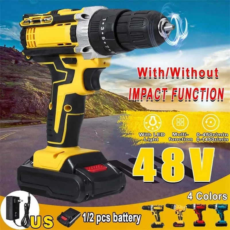 3 in 1 Cordless Electric Impact Drill Screwdriver Hammer 18 Torque 48V Dual Speed Power Tools With 2 Battery 201225