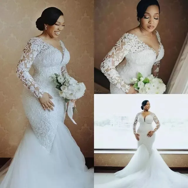 Superbe grande taille arabe dentelle perlée sirène robes de mariée balayage train col transparent manches longues robes de mariée vintage 2022208K