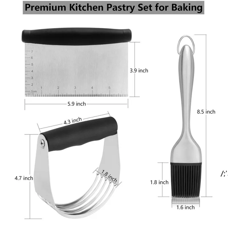 3 pçs / set Acessórios de cozimento de aço inoxidável cortador de torta de massa macarrão faca faca flour misturador BBQ Basting pincel JJE13300