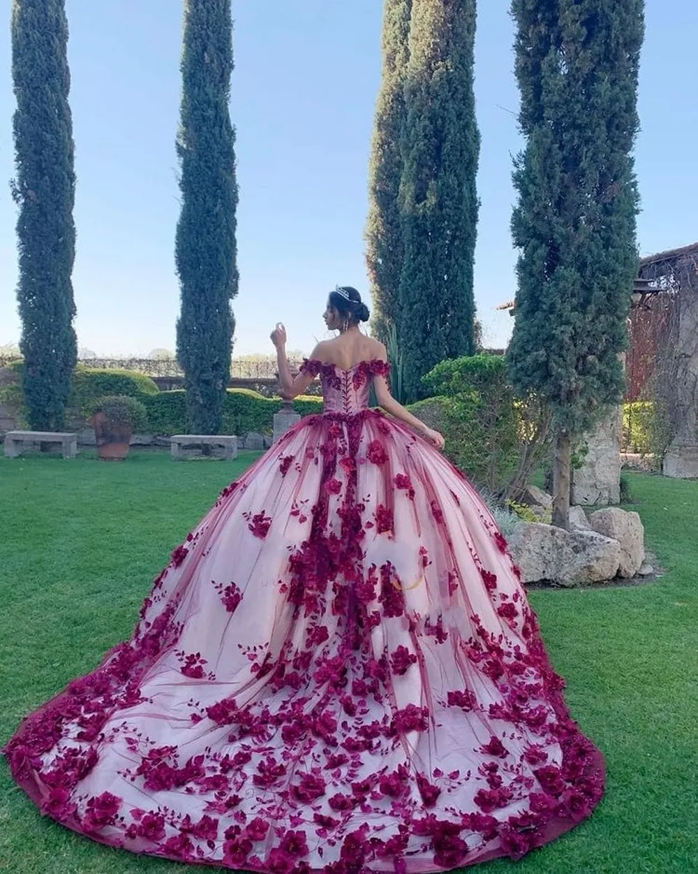 2022 Cinderella 3d Flower Quinceanera Dress With 3D Flowers, Off Shoulder  Design, Pearls, Floral Applique, And Long Train Perfect For Prom, Sweet 16,  Tulle Graduation From Lovemydress, $90.71 | DHgate.Com