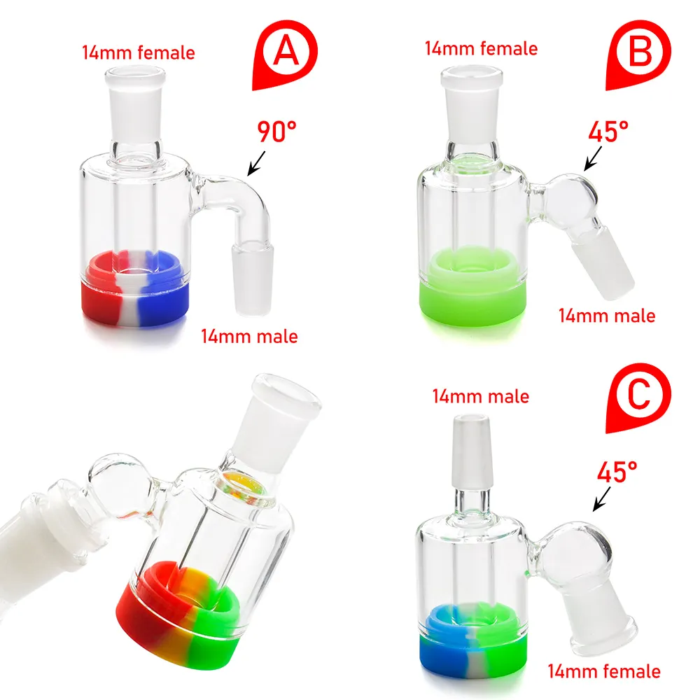 High Quality Glass Ash Catcher with 10ML Silicone Container 14MM-14MM joint for glass bongs water pipe Glass ashcatcher