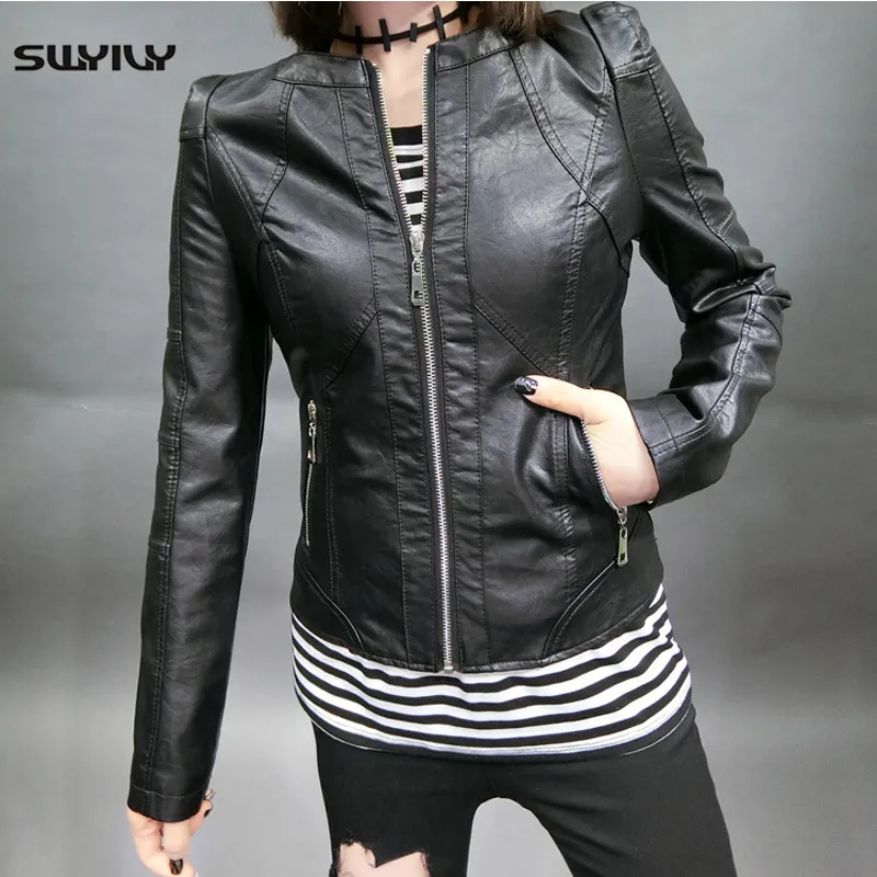 SWYIVY Woman Leather Coats PU O-Neck Jacket 2019 Spring Autumn New Female Solid Slim Coat Large Size XXXL Woman Leather Jackets