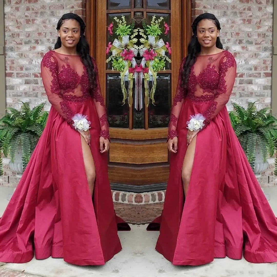 Dark Red Sheer Long Sleeves Prom Dresses A Line Appliques South African Arabic Split Bridesmaid Dress Plus Size With Overskirts