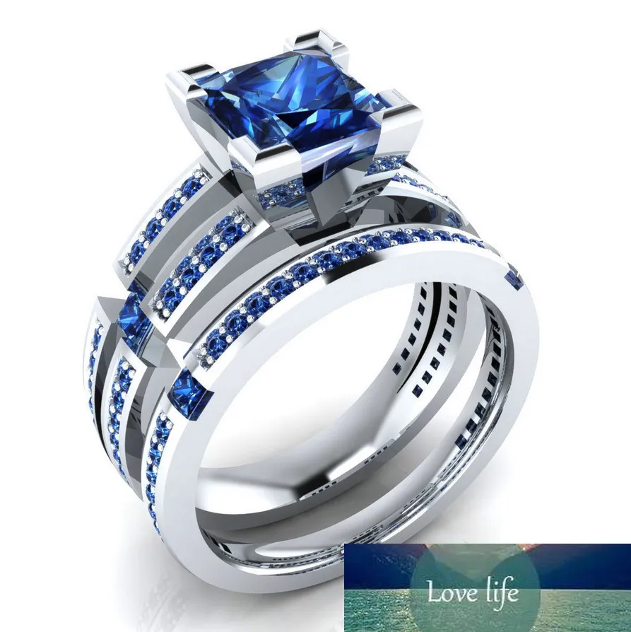 Banda Anéis Novo Luxo Azul Color Princesa 925 Sterling Silver Anel de Casamento Set para Mulheres Lady Anniversary Presente Jóias Bulk Venda R5862