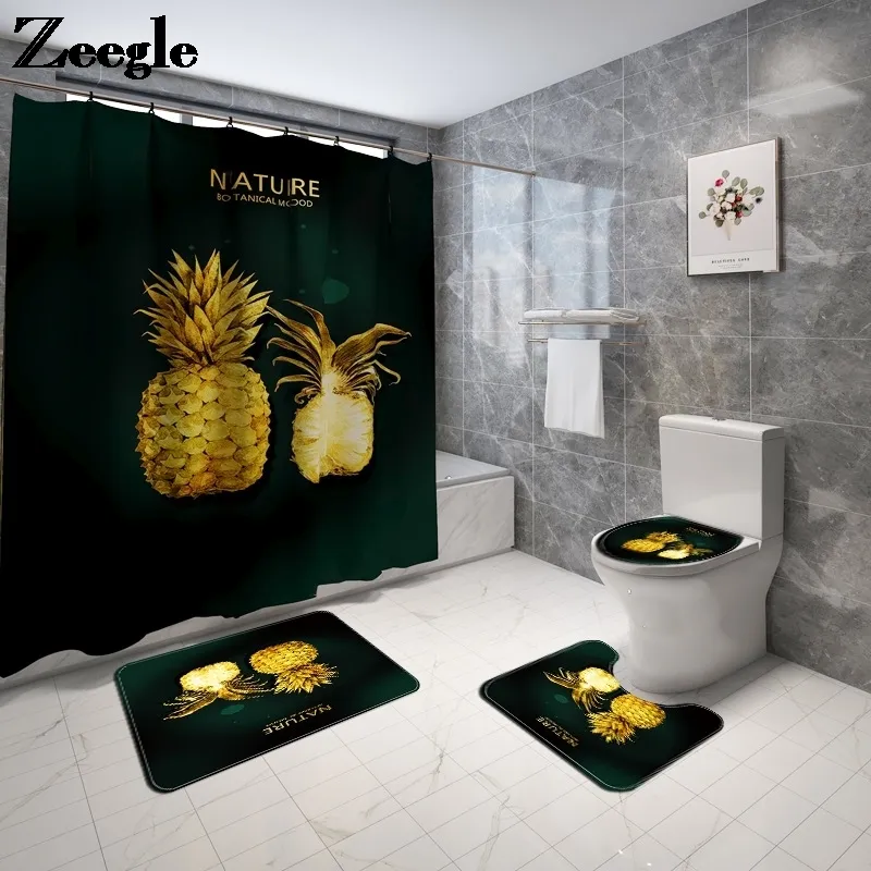 3D Fruit Print Bath Mat and Shower Curtain Set Microfiber Toilet Floor Mat Non Slip Absorbent Bathroom Mat Shower Foot Mat