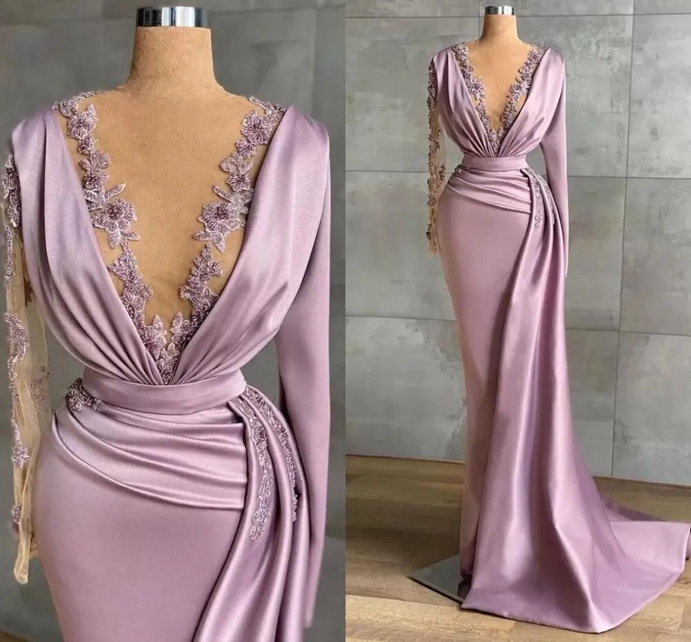 NOVO!!! Elegantes vestidos de noite sereia de cetim com mangas compridas decote em v profundo apliques de renda vestidos de festa de formatura árabe aso ebi ruched swep train feminino robe de soiree CG001