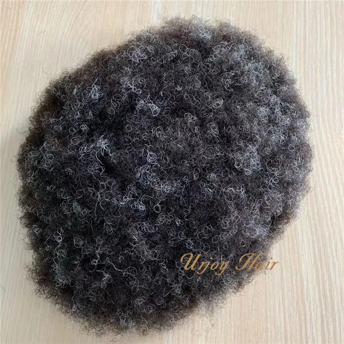kinky curly Afro Hair Mens Wig PU Toupee Jet Black Peruvian Virgin Remy Human Hair Replacement for Black Men