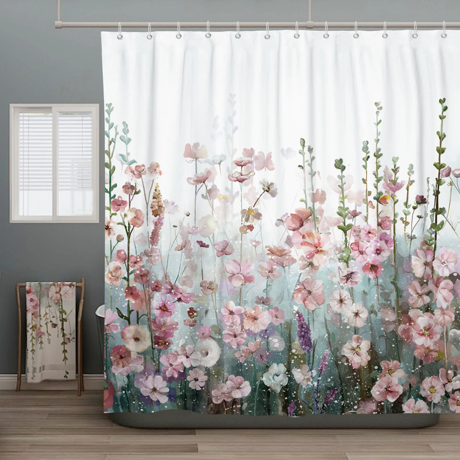 Tenda da doccia floreale, stampa colorata con uccelli e fiori