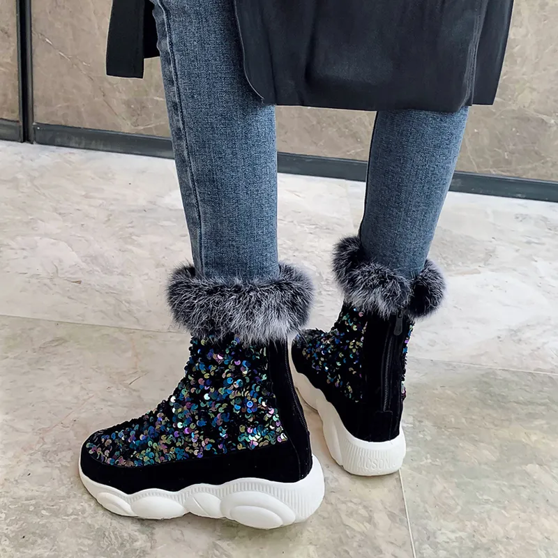 Hot Sale-Shiny Glitter Ankle Boots for Women Thick Bottom Plush Warm Fur Boots Woman Fashion Hidden Heels Winter Shoes Female
