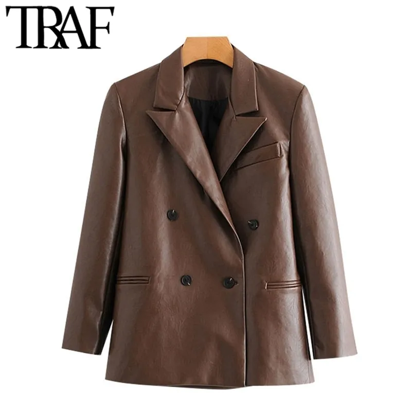 TRAF Women Fashion Double Breasted Faux Leather Blazers Coat Vintage Notched Long Sleeve Female Outerwear Chic Tops 201114