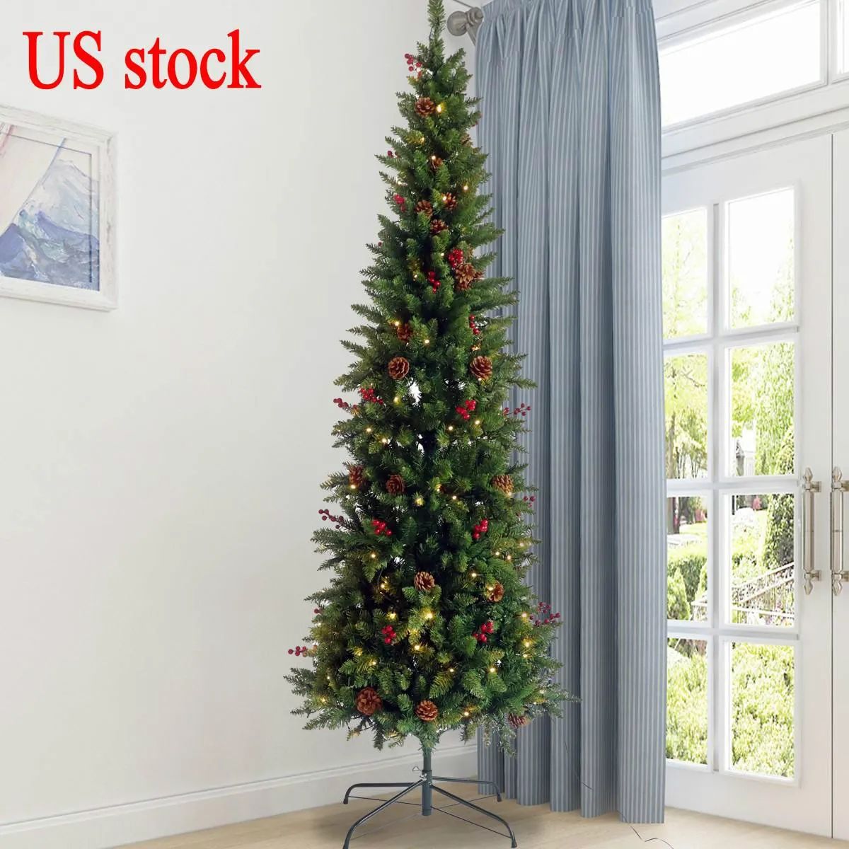 US STOCK Artificial Schlank Weihnachtsbaum Pre-lit Bleistift Gefühl Echt dünne Tanne mit Zapfen und Beeren 7.5ft faltbare Metallständer W49819947