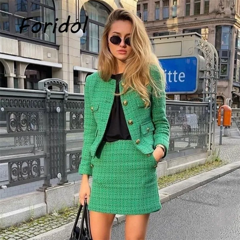 Ensemble deux pièces en Tweed vert, Streetwear élégant et Chic, assorti pour femmes, tenues Vintage à boutons, collection automne 220221