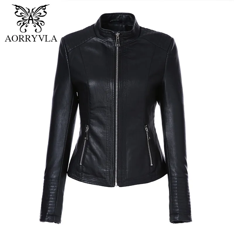 AORRYVLA Plus Taille Veste en cuir pour femme Mandarin Collier Zipper Noir Faux Veste en cuir Slim Style Automne Femme Outwear 201226