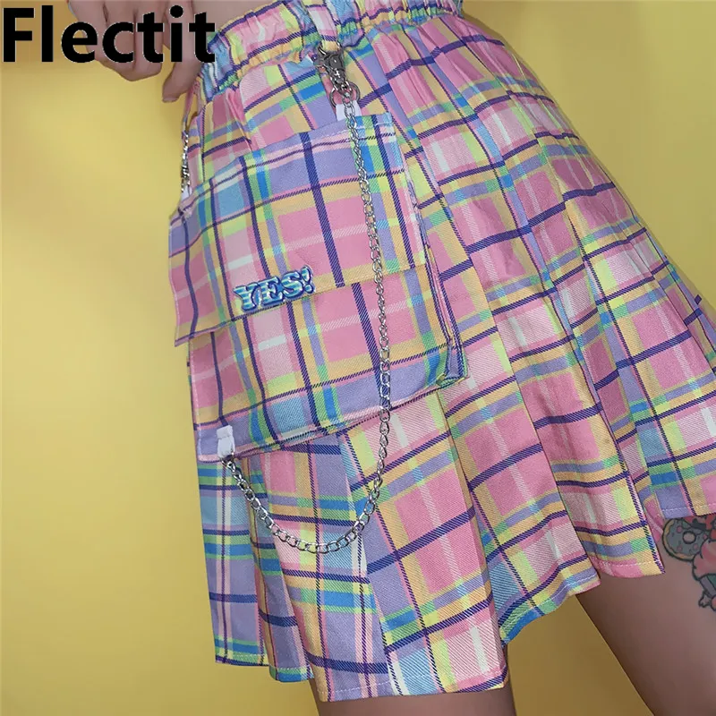 Flectit pastel arco-íris xadrez xadrez saia de carga com caixa de bolso enorme plissado mini saia para as mulheres harajuku meninas * t200712