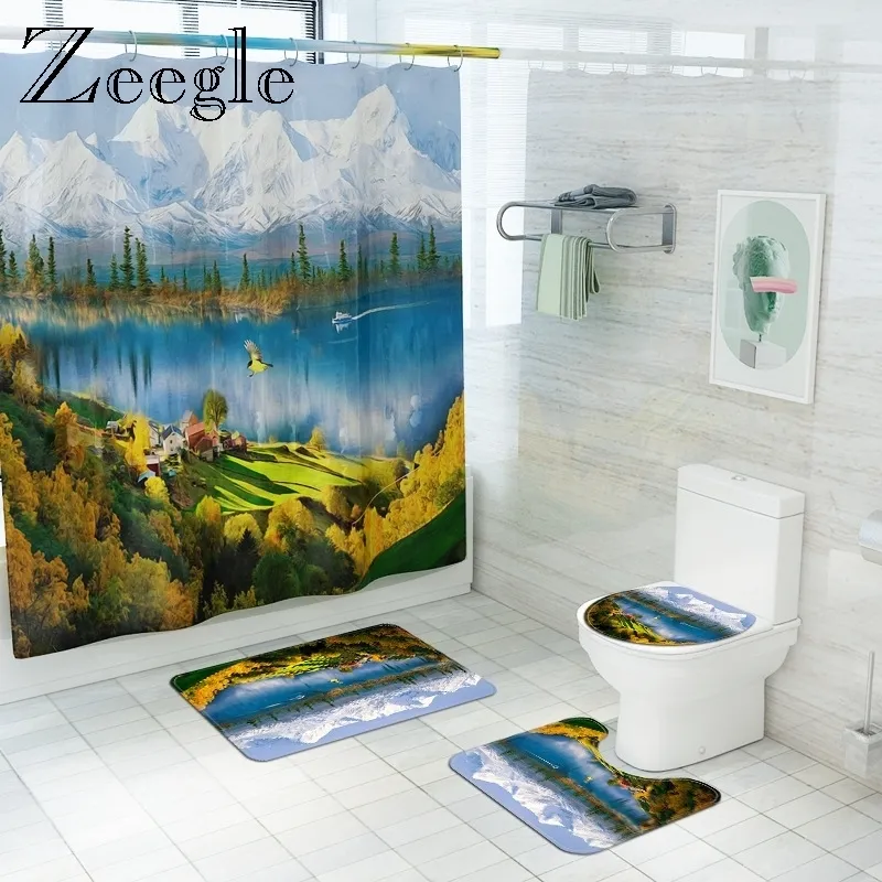 Scenic Bath Mat and Shower Curtain Set Bath Mat Carpet Bathroom Toliet Rug Toilet Seat Cover Shower Floor Mat