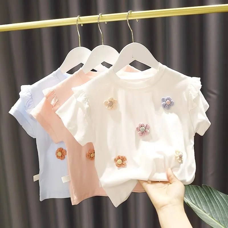 Baby Girls T-shirts Cotton Children Short Sleeve Flower Tops Summer Kids Clothes Girl Shirt For Infant Toddlers 20220302 Q2