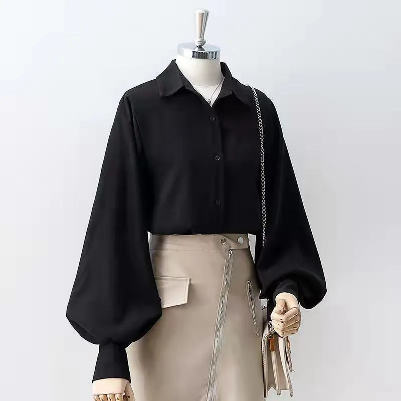 Kvinnors höst och vinter singel-breasted stand-up collar shirts stora lykta ärmarskjorta kontor solid färg retro blouses