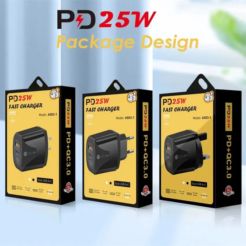 25W شاحن سريع PD Type-C نوع C و QC3.0 USB الجدار السريع شحن مع الولايات المتحدة الاتحاد الأوروبي المملكة المتحدة التوصيل للهاتف المحمول