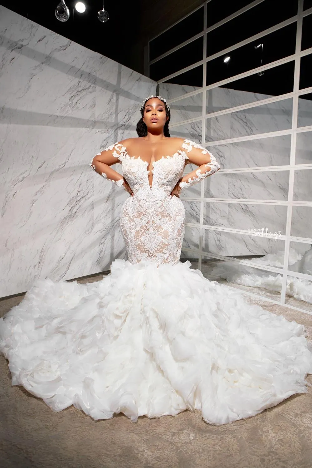 Plus Size Puffy Mermaid Wedding Dress With Ruffles, Lace, And Plunging  Neckline Sweep Train, Long Sleeves, Fishtail Design From Manweisi, $185.29