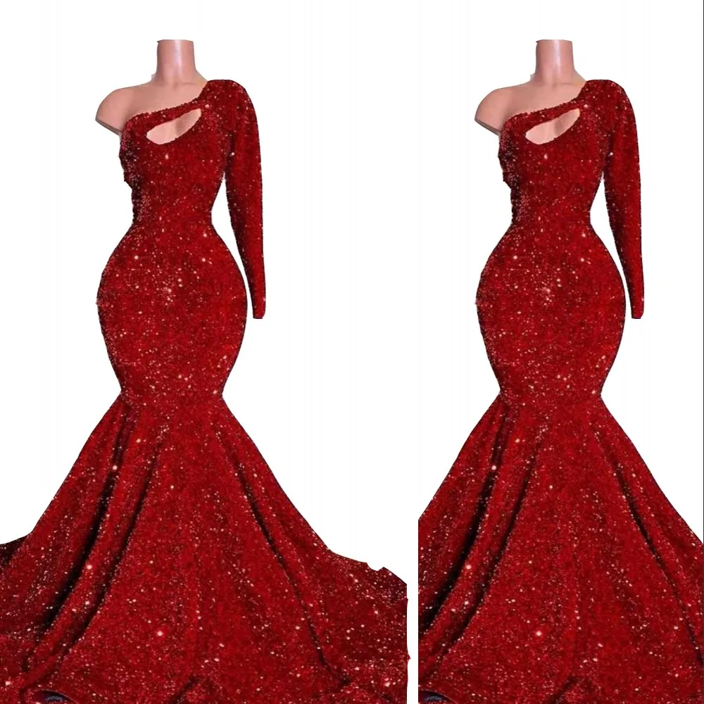 2022 Africain Bling Sexy Rouge Foncé Paillettes Dentelle Robes De Soirée Porter Une Épaule Keyhole Sirène Paillettes Robe De Bal Formelle Occasion Spéciale Robes Balayage Train