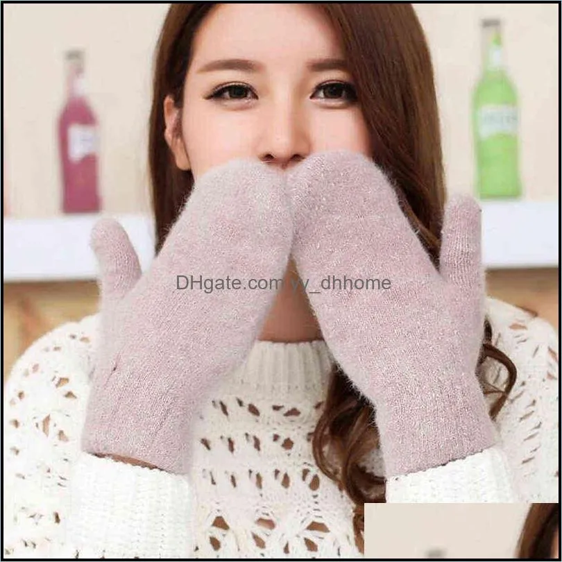 Women Winter Thick Knitted Cashmere Double Layer Plush Wool Knit Warm Mittens Female Cute Full Fingers Gloves L80 211224