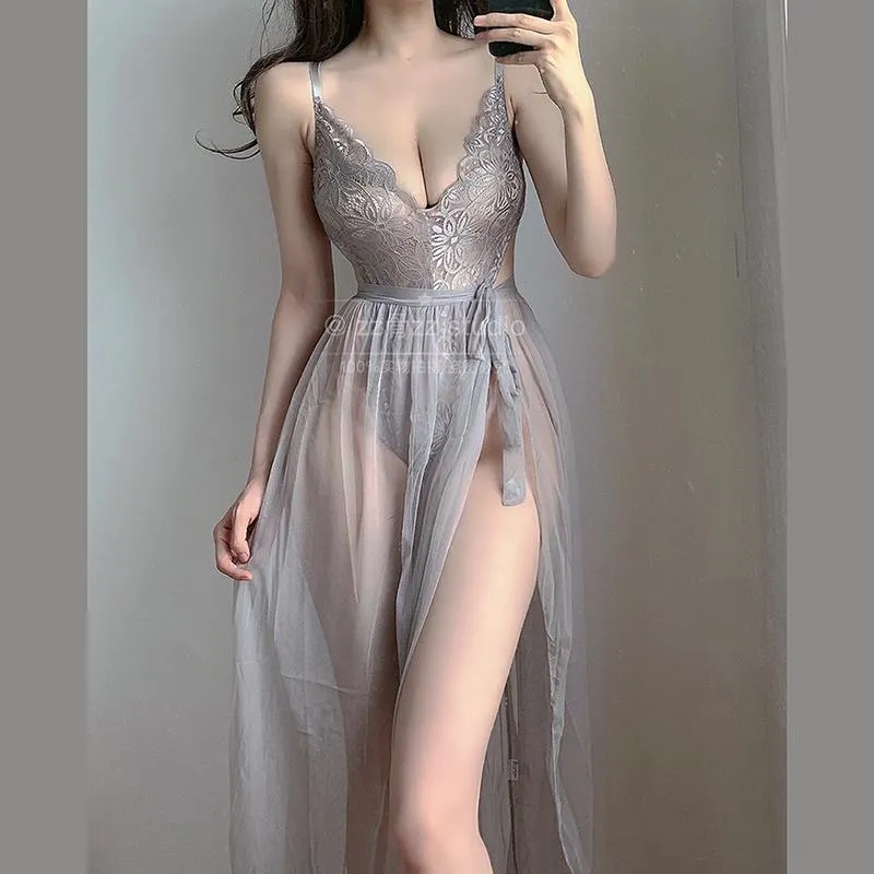 Casual Jurken Womengaga Exotische Super Sexy VS Vrouwen V-hals Kant Transparante Mesh Riem Backless Maxi Jurk Lange Robe Koreaanse Girl Sweet Japan