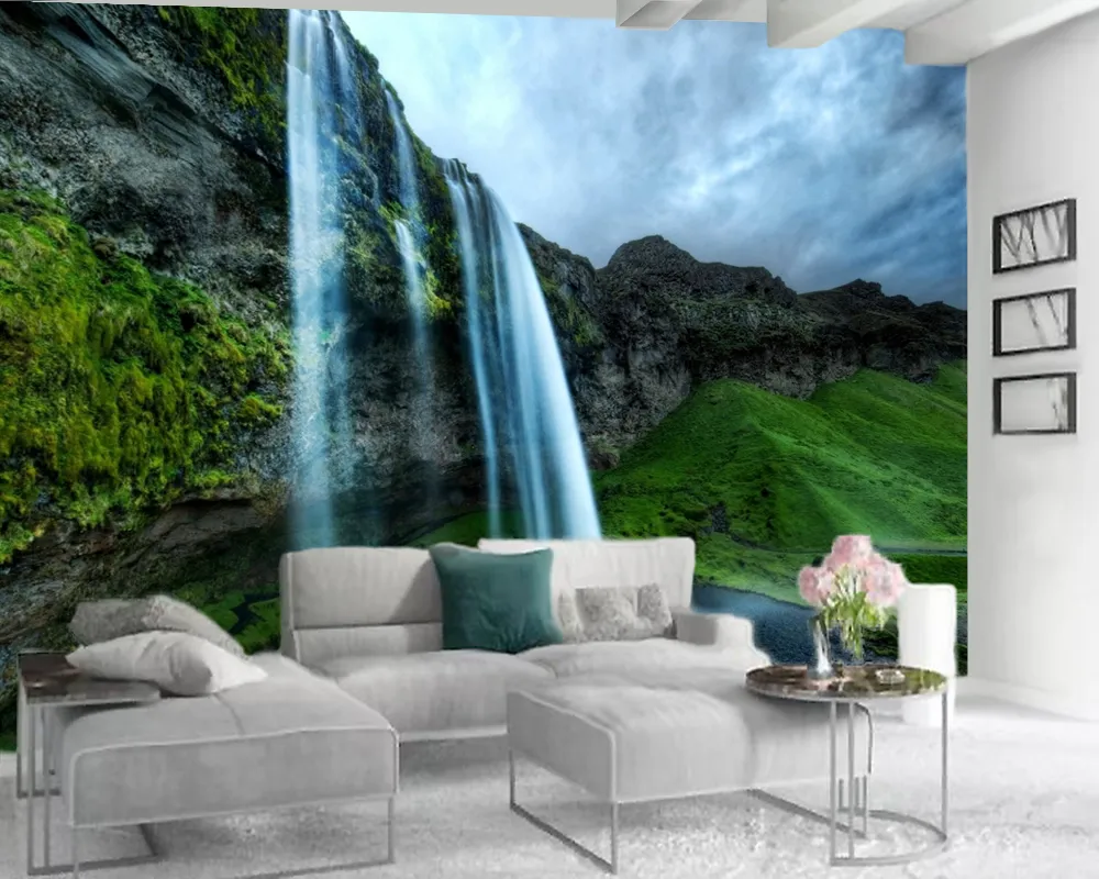 Custom 3D Landschap Behang Mooie Landschap en Waterval Menselijke Wonderland Binnenlandse Decoratieve Zijde 3D Muurschildering Behang