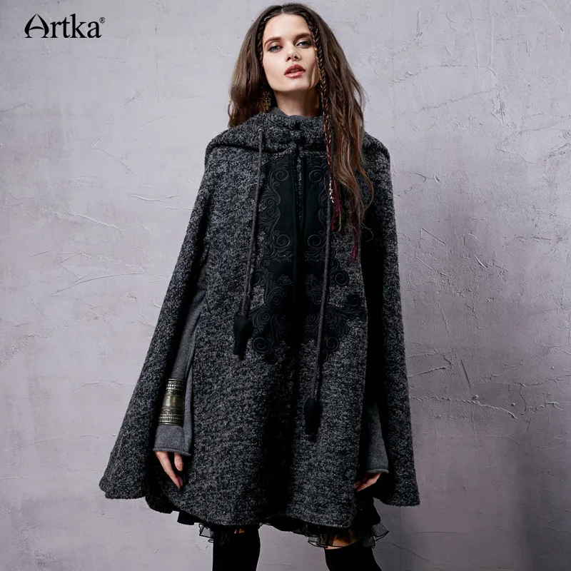ARTKA Vintage Embroidered Woolen cloak hoodie Coat for Women