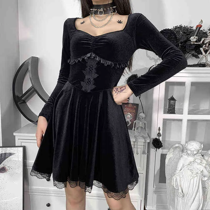 Velvet Lace Mini Dress 2022 Kobiety Z Długim Rękawem Krótka Spódnica Suknia Ciemny Styl Motyl Haft Koronki Wysoka Talia Sxhlyq489 Y220214