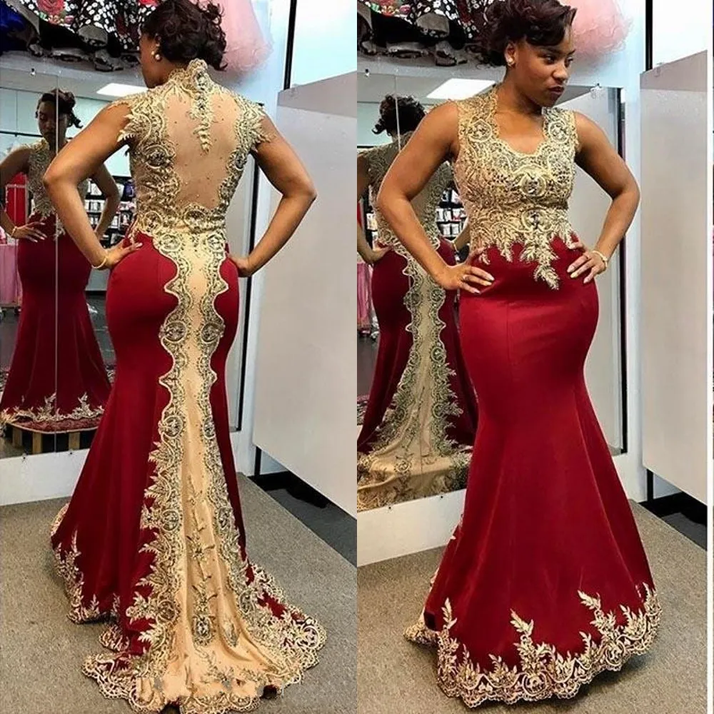 Sexig Burgundy Mermaid Evening Dresses Wear Gold Lace Applique Pärlor Sweep Train Jewel Neck Sheer Back Ärmlös Plus Size Party Prom Crows